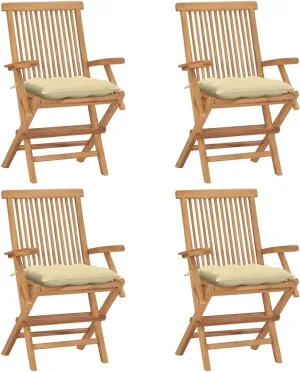 4-Piece Solid Teak Wood Patio Chairs with Cream White Cushions, Foldable Outdoor Furniture Set for Garden, Poolside and Backyard