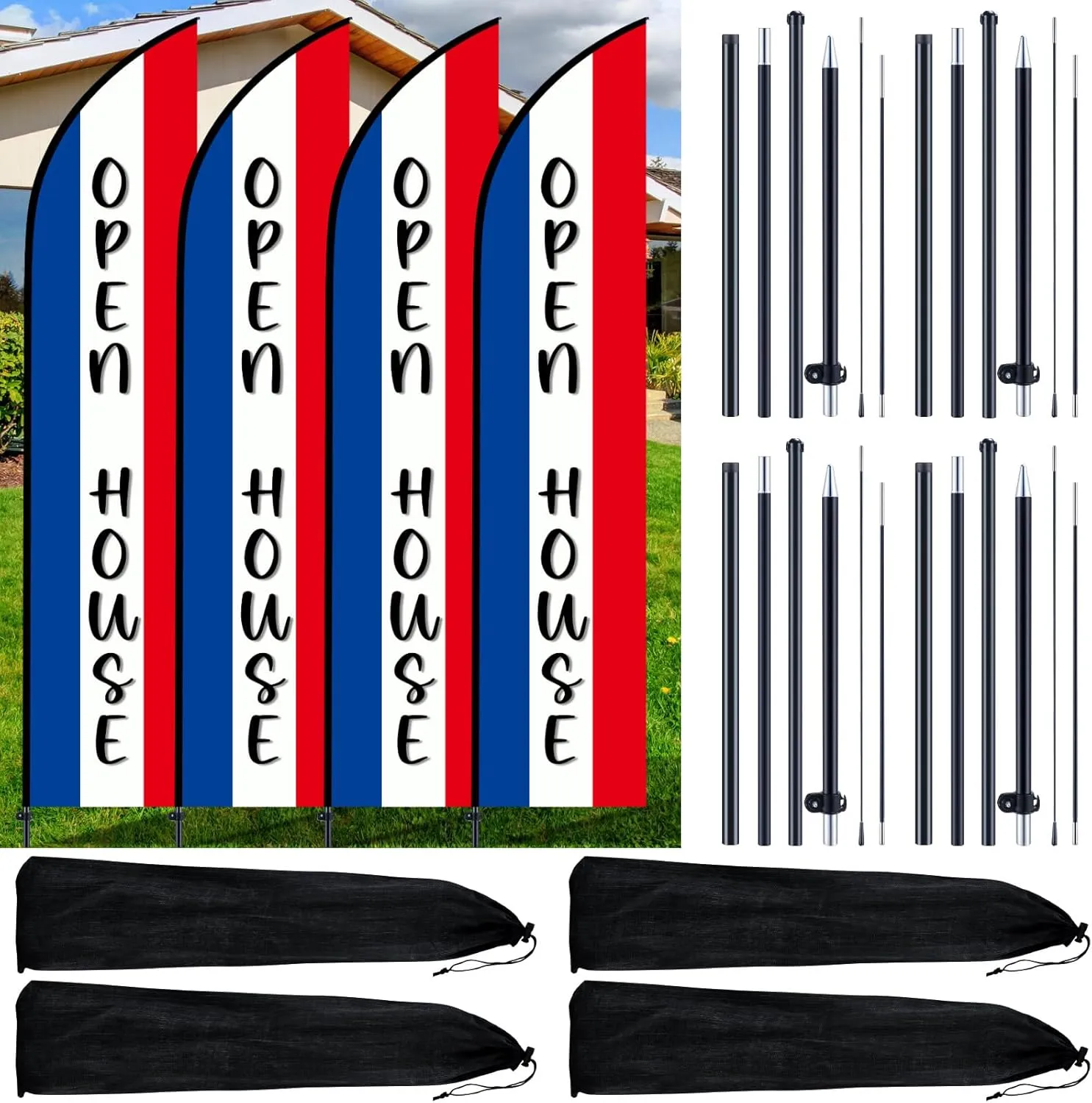 4 Sets Open House Flag for Real 7ft Estate Agents Windless Open House Signs with Pole Kit Ground Stakes Travel Bags Flags for Businesses Advertising Feather Banner