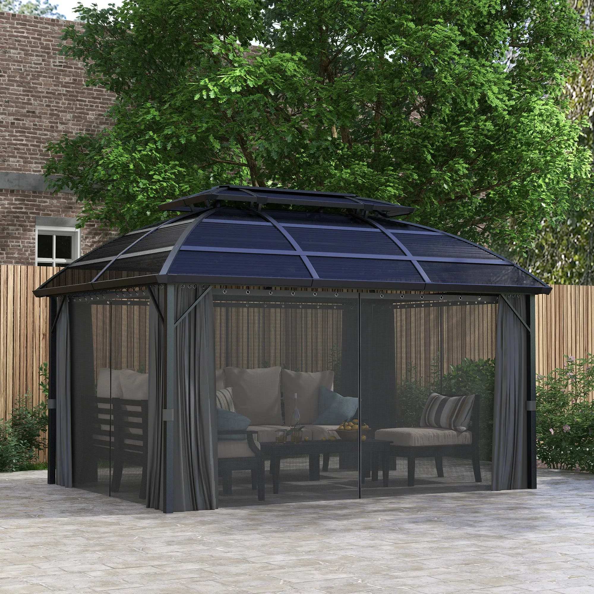 4 x 3m Polycarbonate Gazebo with Aluminium Frame & Double Roof, for Yard, Patio, Black