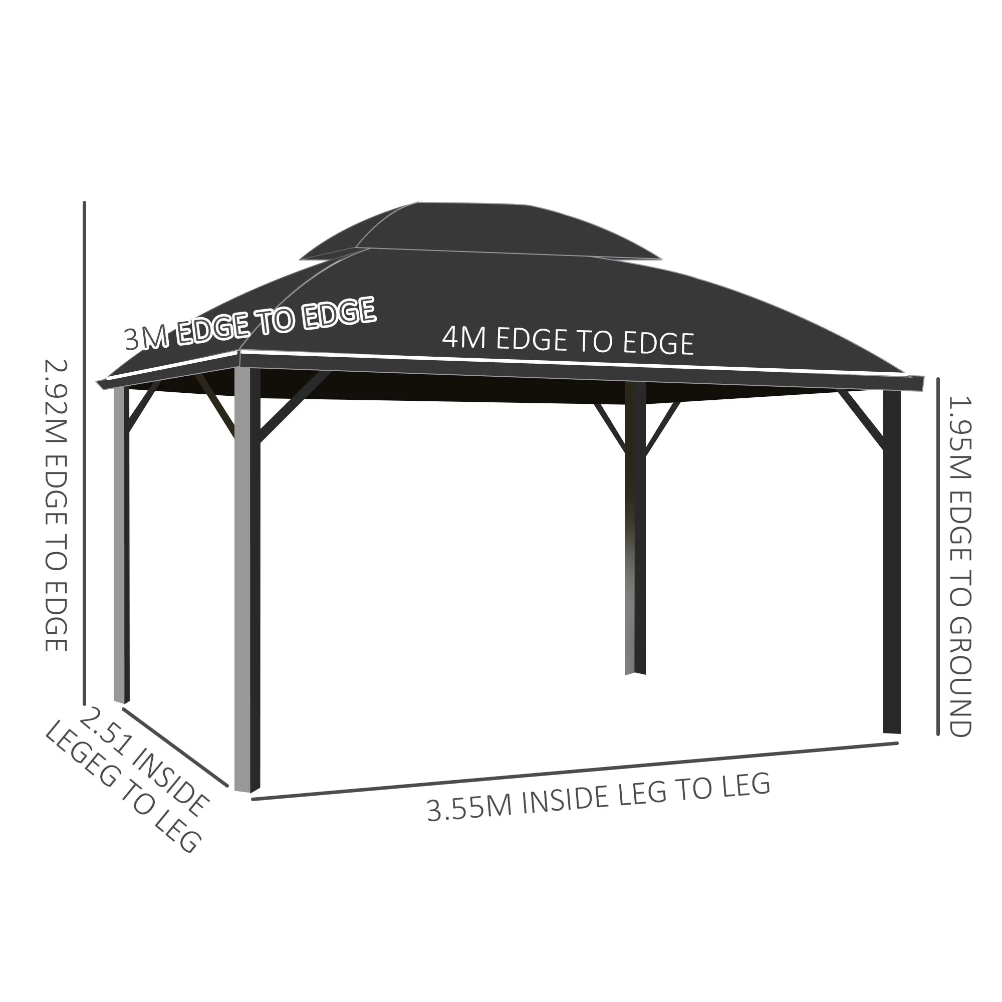 4 x 3m Polycarbonate Gazebo with Aluminium Frame & Double Roof, for Yard, Patio, Black