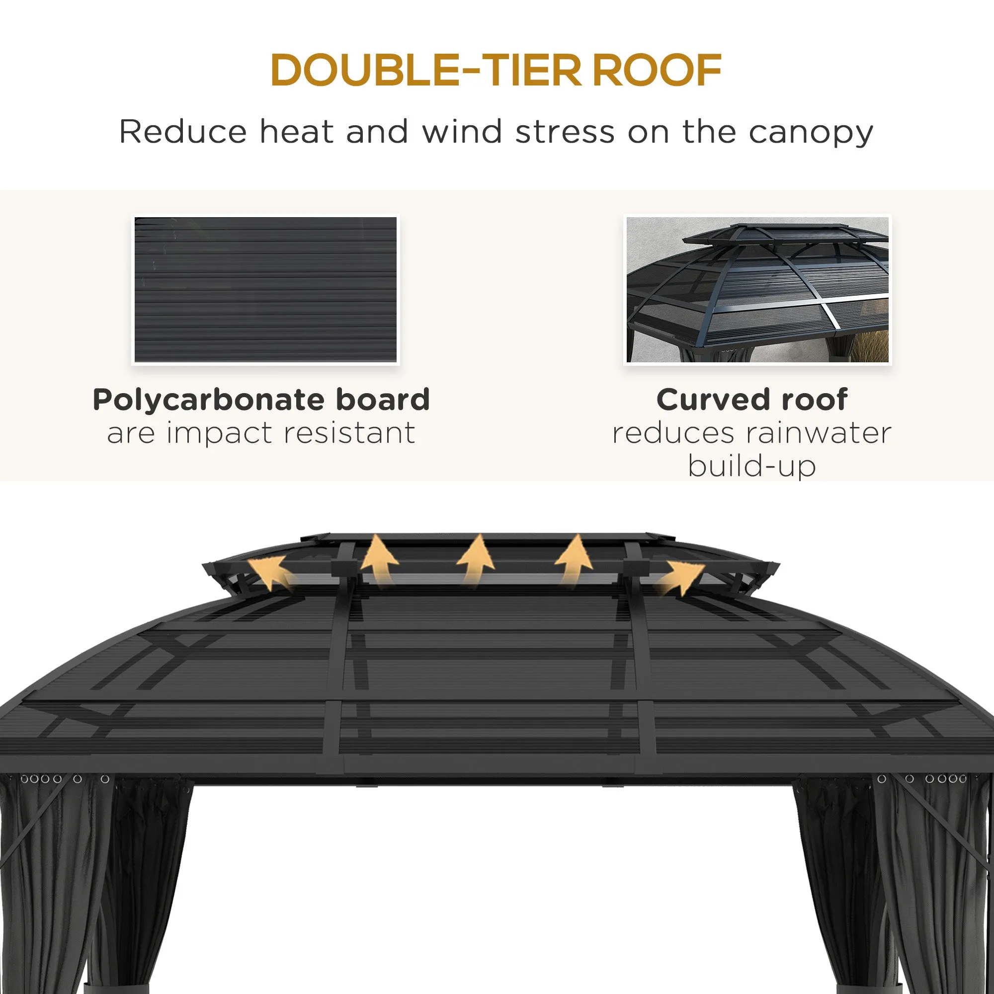 4 x 3m Polycarbonate Gazebo with Aluminium Frame & Double Roof, for Yard, Patio, Black
