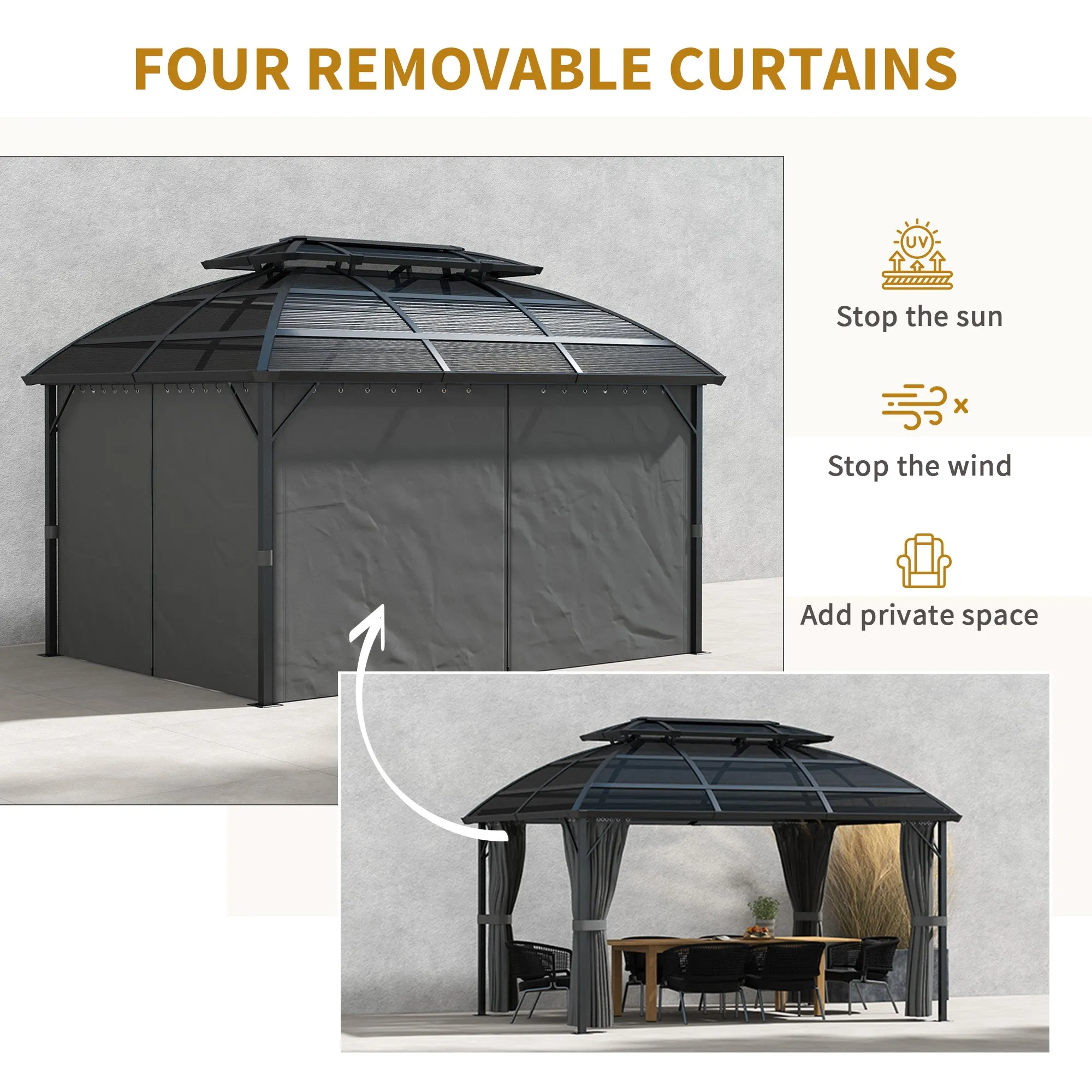 4 x 3m Polycarbonate Gazebo with Aluminium Frame & Double Roof, for Yard, Patio, Black