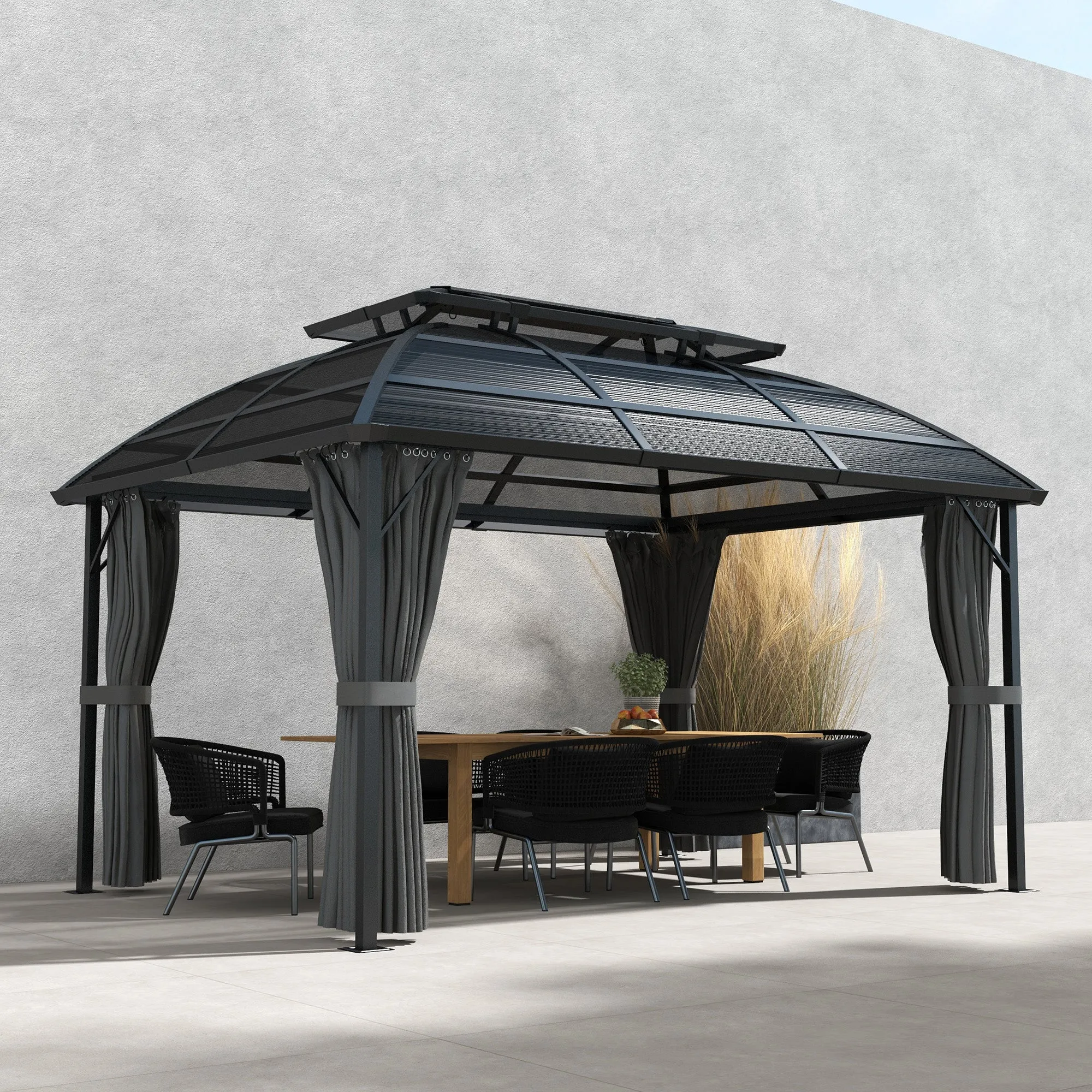 4 x 3m Polycarbonate Gazebo with Aluminium Frame & Double Roof, for Yard, Patio, Black