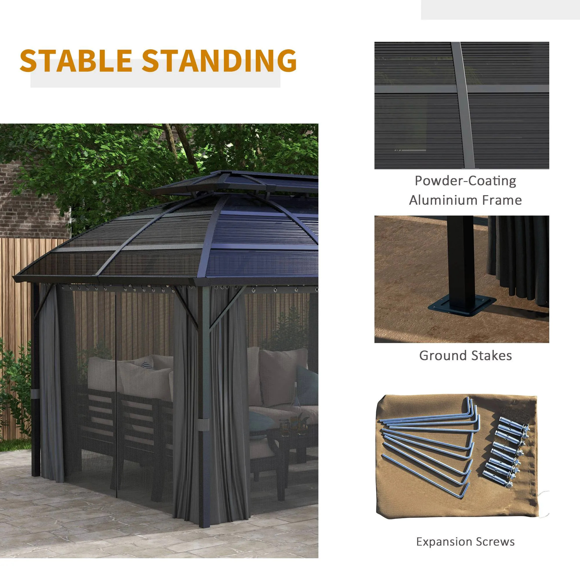 4 x 3m Polycarbonate Gazebo with Aluminium Frame & Double Roof, for Yard, Patio, Black
