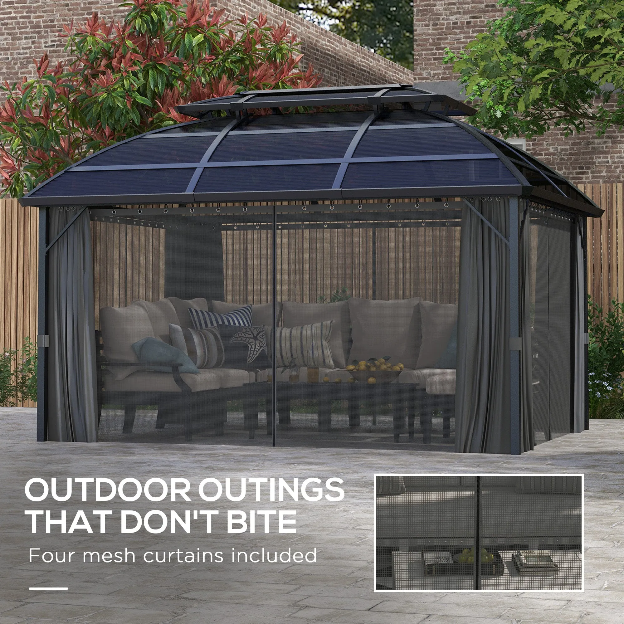 4 x 3m Polycarbonate Gazebo with Aluminium Frame & Double Roof, for Yard, Patio, Black