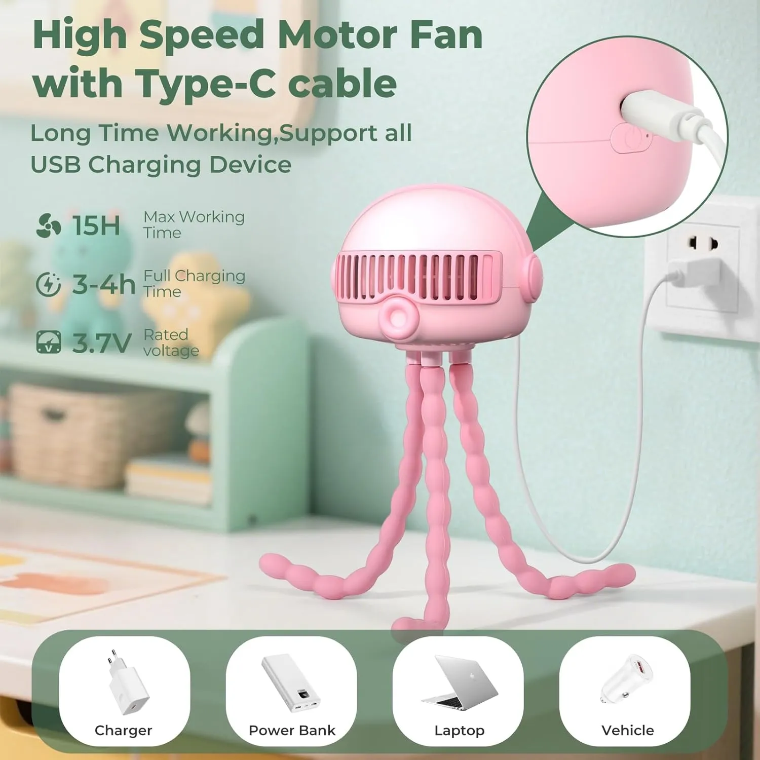 4000mAh Portable Baby Stroller Fan - 3-Speed, Low Noise, with Safety Net, Multifunctional for Stroller, Crib, Car, Desktop & Camping…… (Pink)