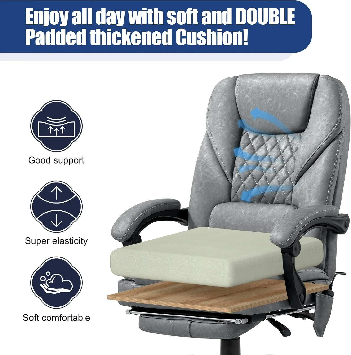 400lbs Executive Leather Office Chair with Ergonomic Design and Reclining Function - Comfortable Computer Desk Chair with Integrated Foot Rest-Grey & Sturdy