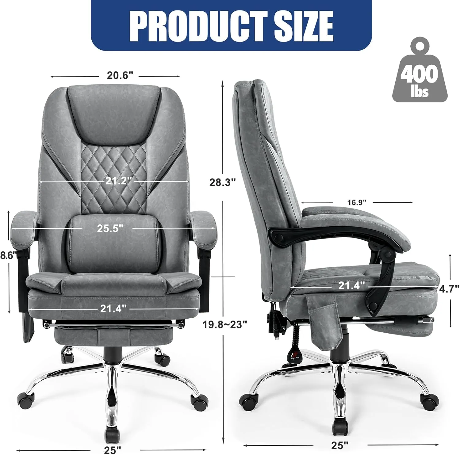 400lbs Executive Leather Office Chair with Ergonomic Design and Reclining Function - Comfortable Computer Desk Chair with Integrated Foot Rest-Grey & Sturdy