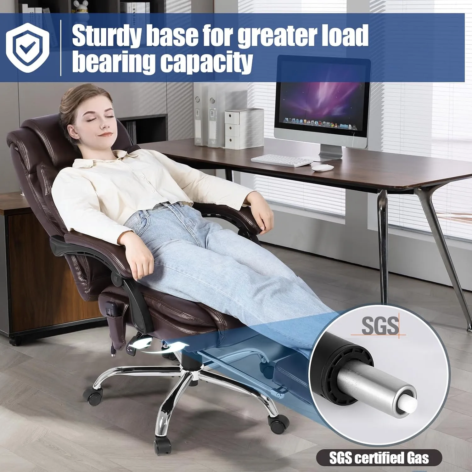 400lbs Executive Leather Office Chair with Ergonomic Design and Reclining Function - Comfortable Computer Desk Chair with Integrated Foot Rest-Grey & Sturdy