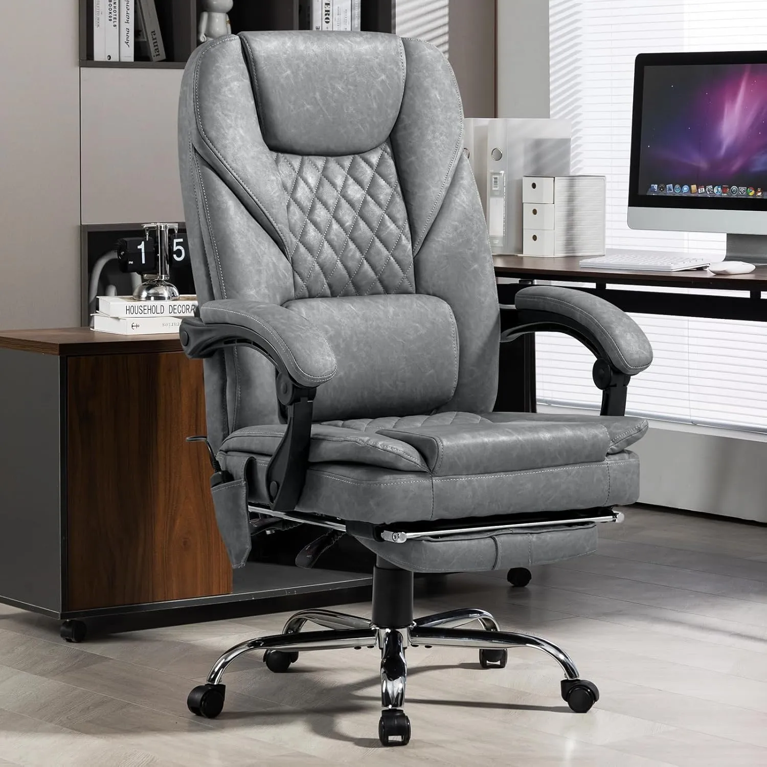 400lbs Executive Leather Office Chair with Ergonomic Design and Reclining Function - Comfortable Computer Desk Chair with Integrated Foot Rest-Grey & Sturdy