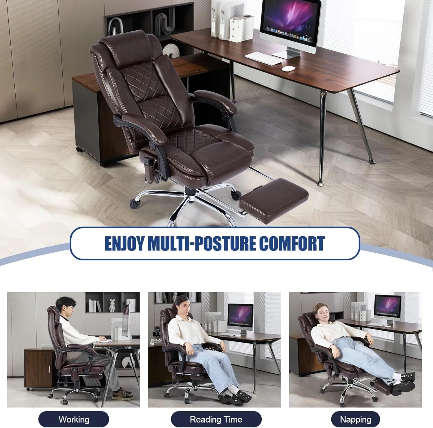 400lbs Executive Leather Office Chair with Ergonomic Design and Reclining Function - Comfortable Computer Desk Chair with Integrated Foot Rest-Grey & Sturdy