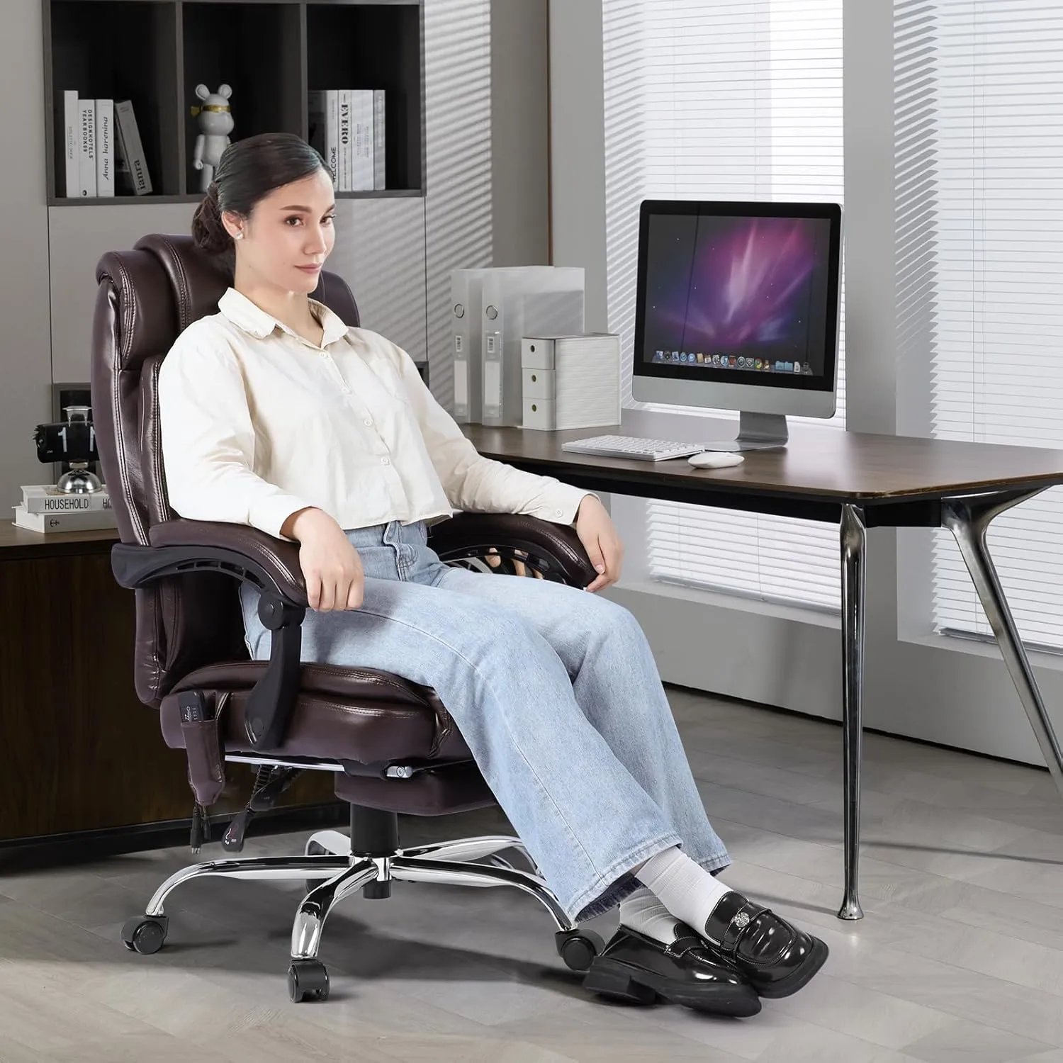 400lbs Executive Leather Office Chair with Ergonomic Design and Reclining Function - Comfortable Computer Desk Chair with Integrated Foot Rest-Grey & Sturdy