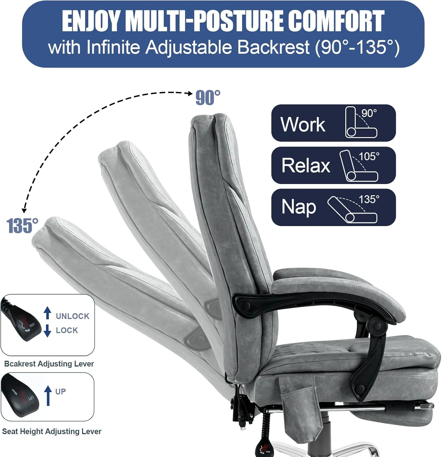 400lbs Executive Leather Office Chair with Ergonomic Design and Reclining Function - Comfortable Computer Desk Chair with Integrated Foot Rest-Grey & Sturdy