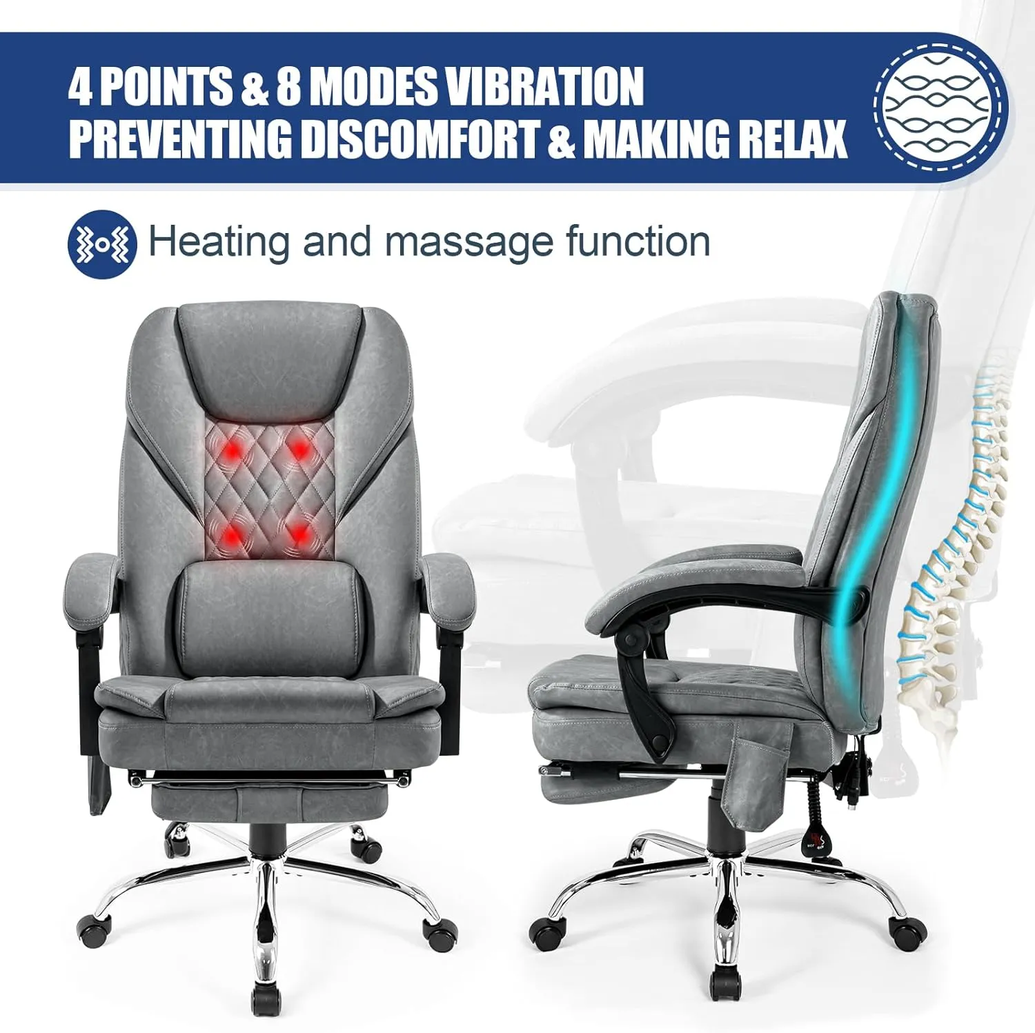 400lbs Executive Leather Office Chair with Ergonomic Design and Reclining Function - Comfortable Computer Desk Chair with Integrated Foot Rest-Grey & Sturdy