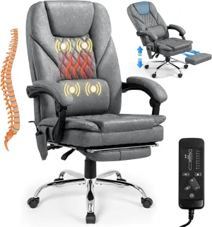 400lbs Executive Leather Office Chair with Ergonomic Design and Reclining Function - Comfortable Computer Desk Chair with Integrated Foot Rest-Grey & Sturdy