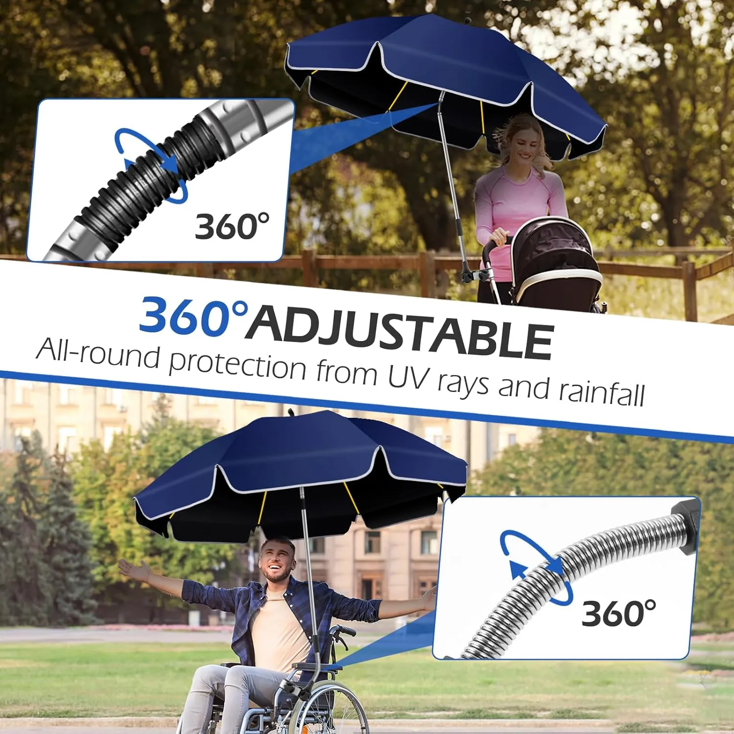 48.8 inch Large Beach Umbrella with Clamp Sun Shade for Beach Chair, 360°Adjustable UV Protection Golf Umbrella with Clip for Outdoor Stroller Wheelchair Camping Chair