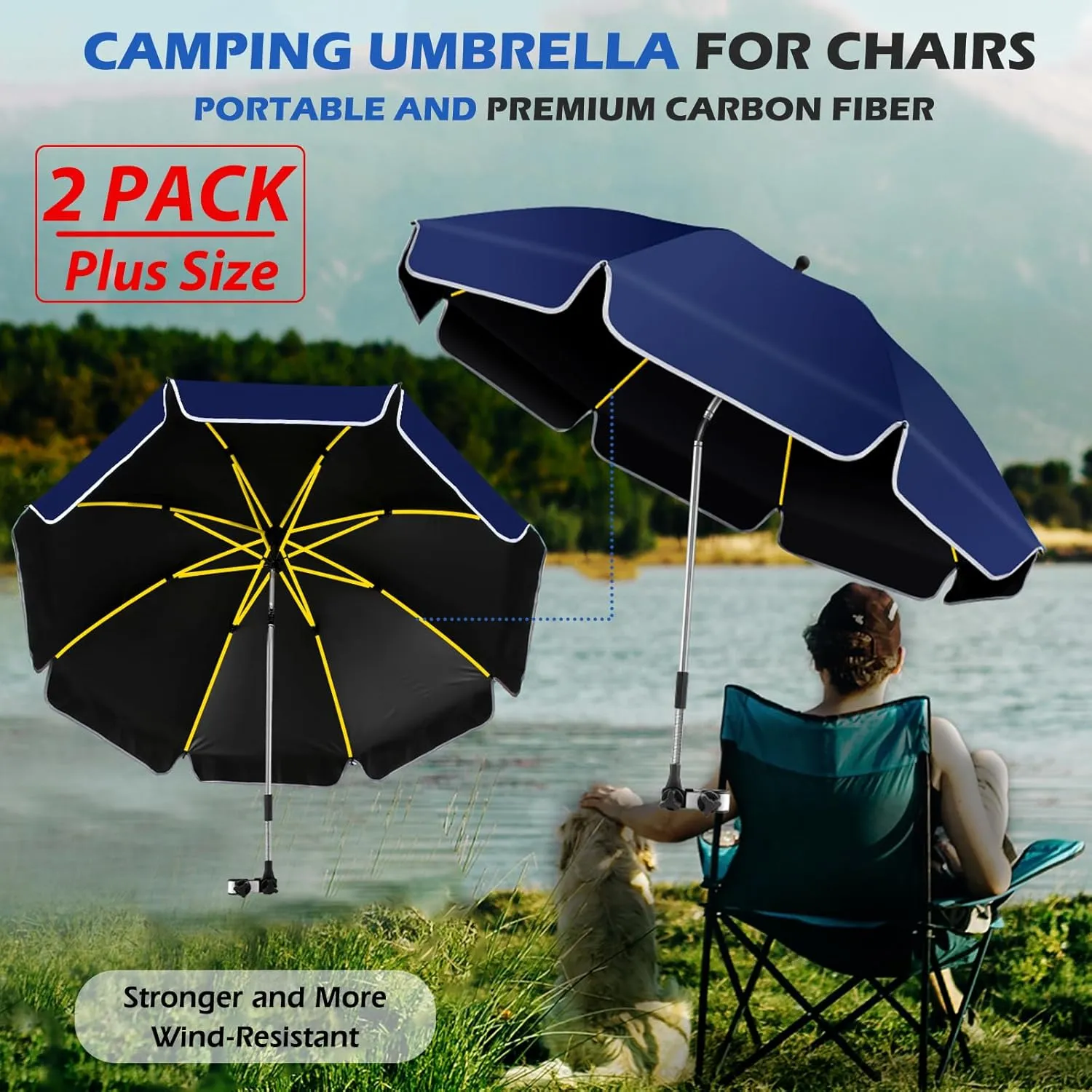 48.8 inch Large Beach Umbrella with Clamp Sun Shade for Beach Chair, 360°Adjustable UV Protection Golf Umbrella with Clip for Outdoor Stroller Wheelchair Camping Chair