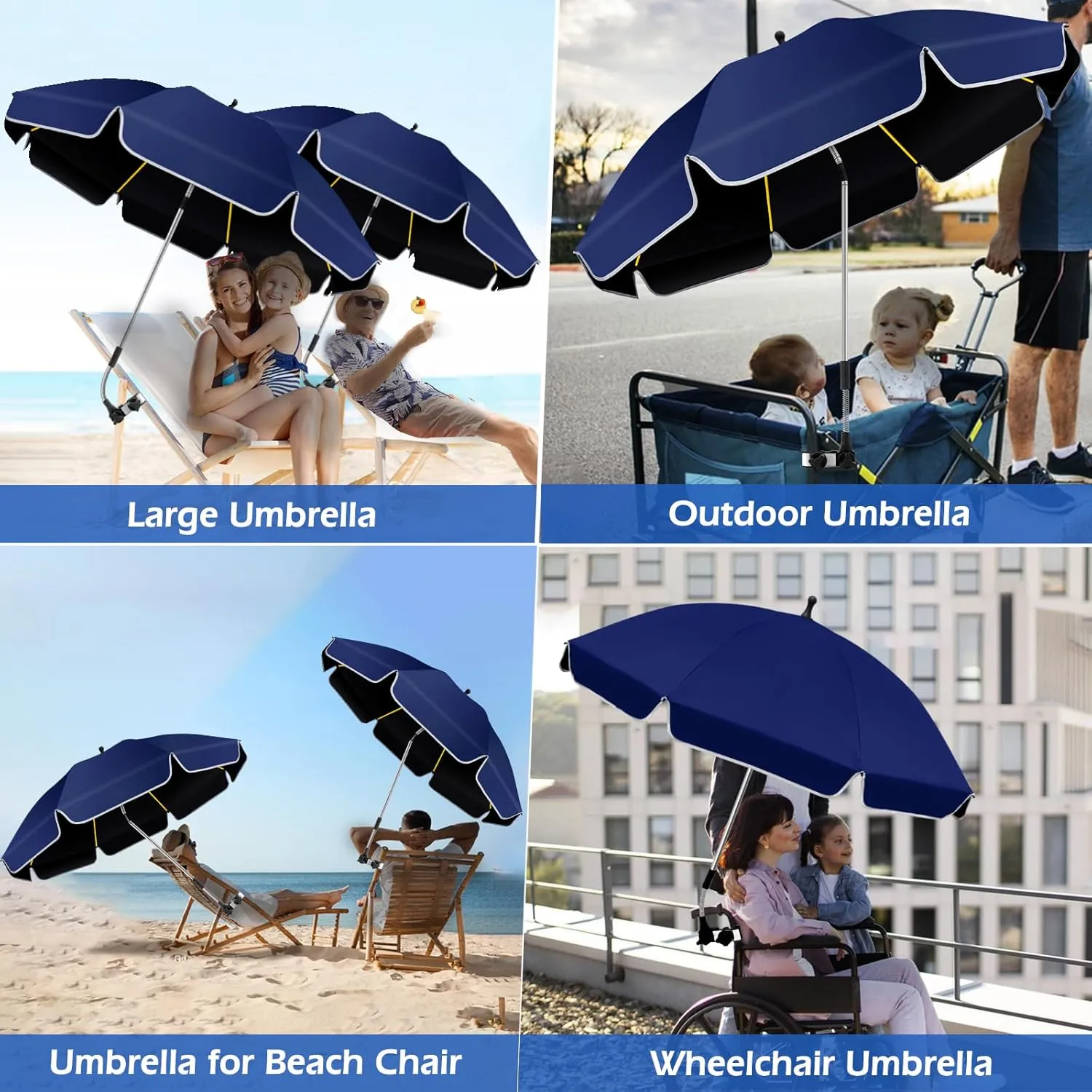 48.8 inch Large Beach Umbrella with Clamp Sun Shade for Beach Chair, 360°Adjustable UV Protection Golf Umbrella with Clip for Outdoor Stroller Wheelchair Camping Chair