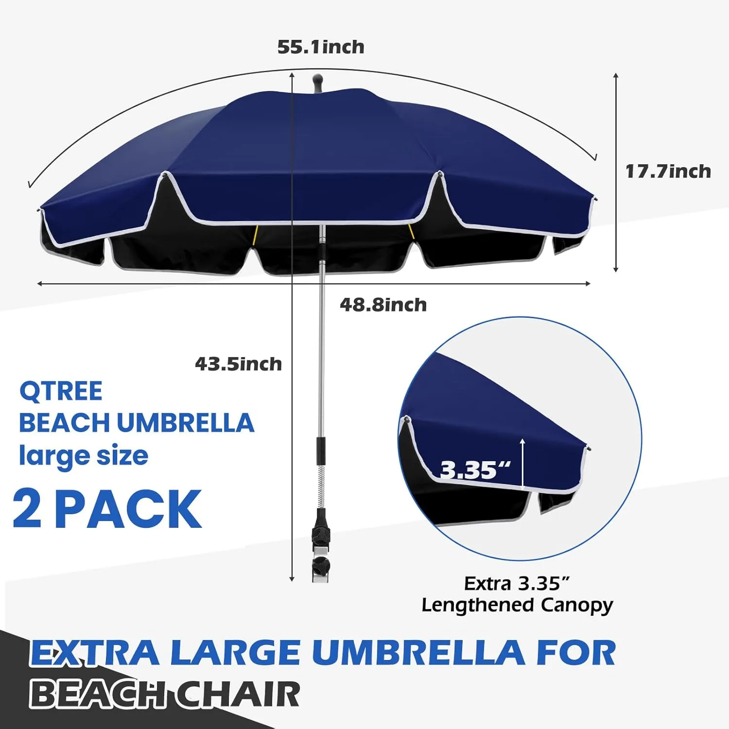 48.8 inch Large Beach Umbrella with Clamp Sun Shade for Beach Chair, 360°Adjustable UV Protection Golf Umbrella with Clip for Outdoor Stroller Wheelchair Camping Chair