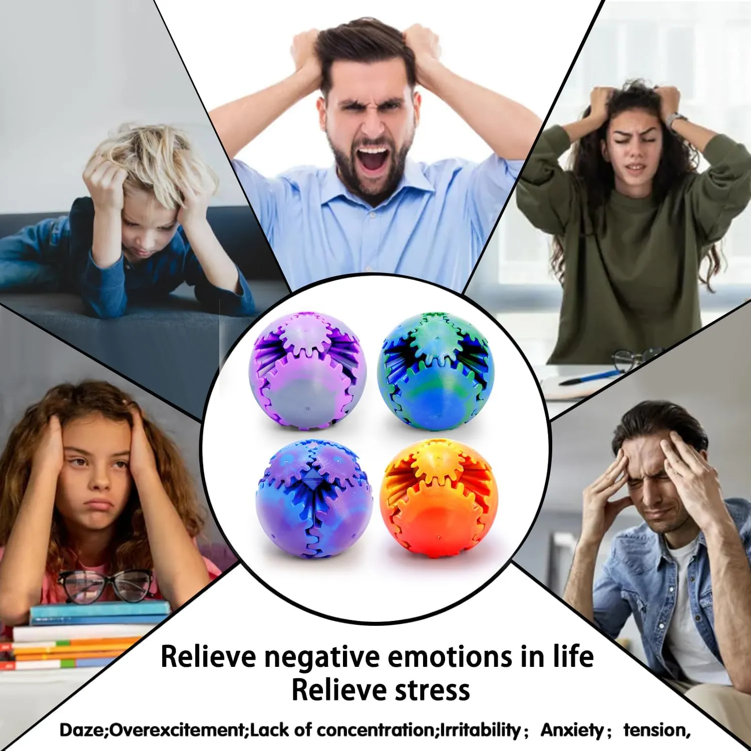 4PCS Gear Ball 3D Printed Spin Ball or Cube Fidget Toy, 2.6 Inch Gear Sphere Fidget Toy,Fidget Gear Sphere Toy for Stress and Anxiety Relief, Gear Sphere Desk Toy for Adults & Kids