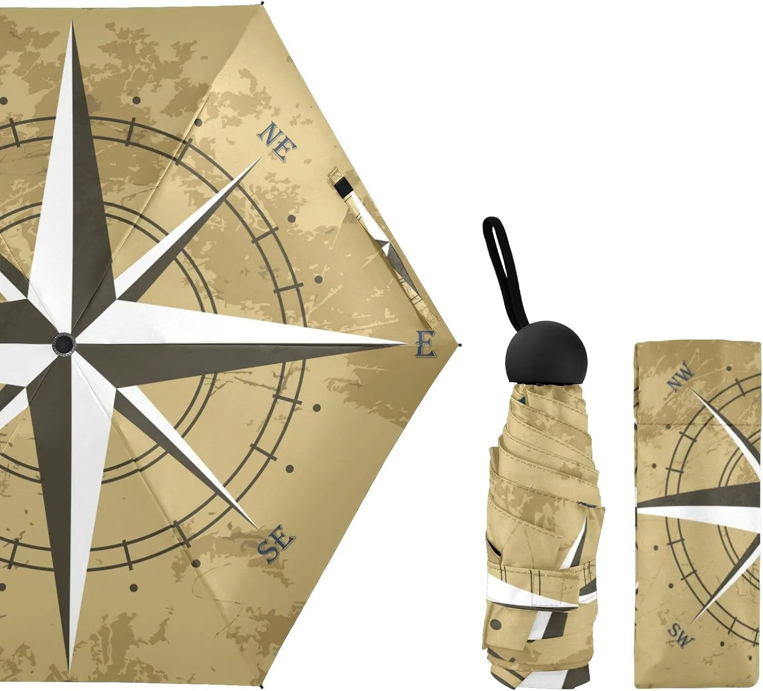 5 Folding Compact Pocket Windproof Umbrella, 6 Ribs Ultra-Light Foldable Vinyl Parasol, Mini Anti-UV Travel Umbrella