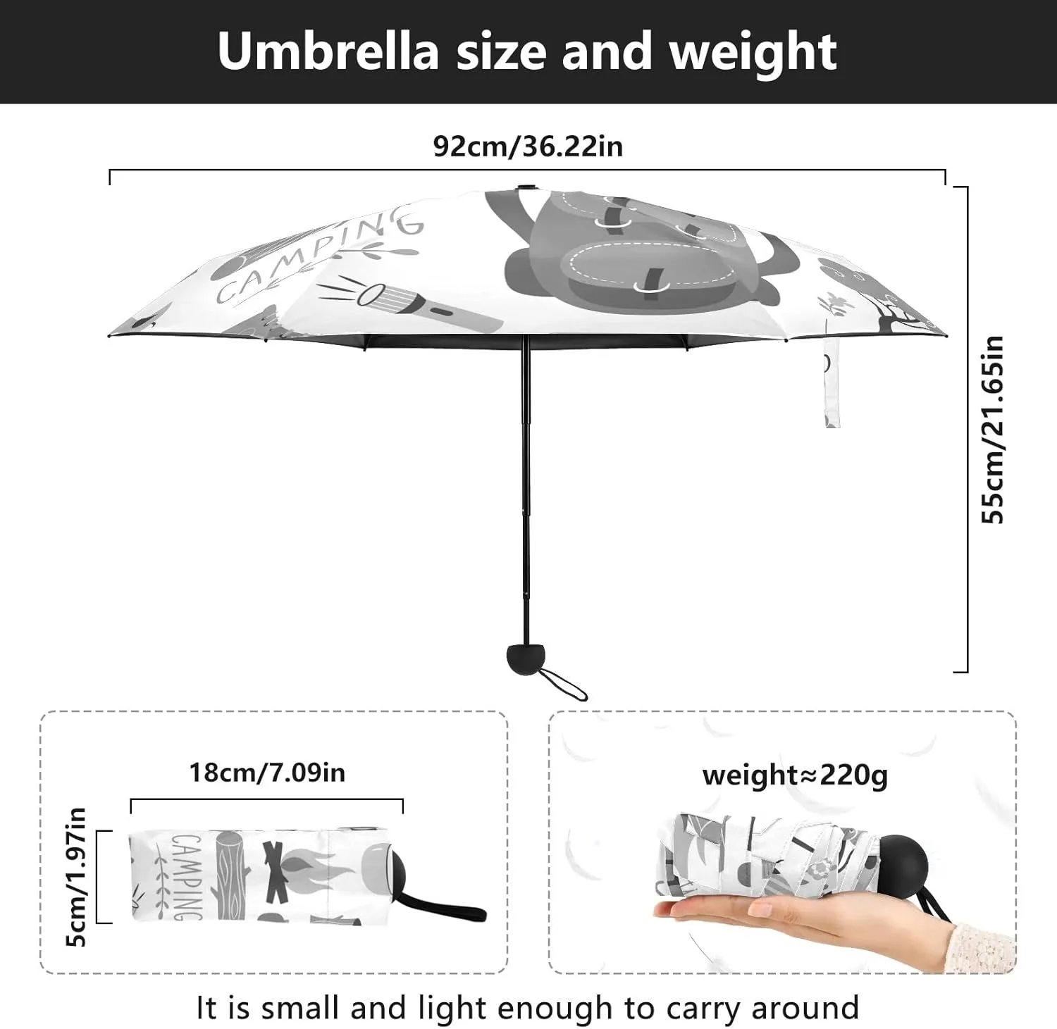 5 Folding Compact Pocket Windproof Umbrella, 6 Ribs Ultra-Light Foldable Vinyl Parasol, Mini Anti-UV Travel Umbrella