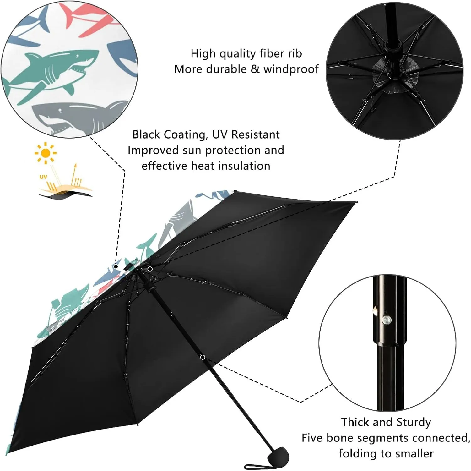 5 Folding Compact Pocket Windproof Umbrella, 6 Ribs Ultra-Light Foldable Vinyl Parasol, Mini Anti-UV Travel Umbrella