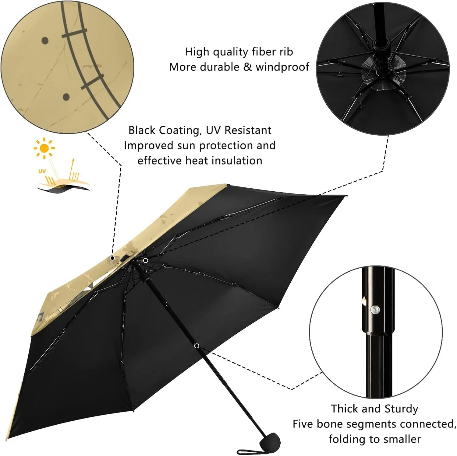 5 Folding Compact Pocket Windproof Umbrella, 6 Ribs Ultra-Light Foldable Vinyl Parasol, Mini Anti-UV Travel Umbrella