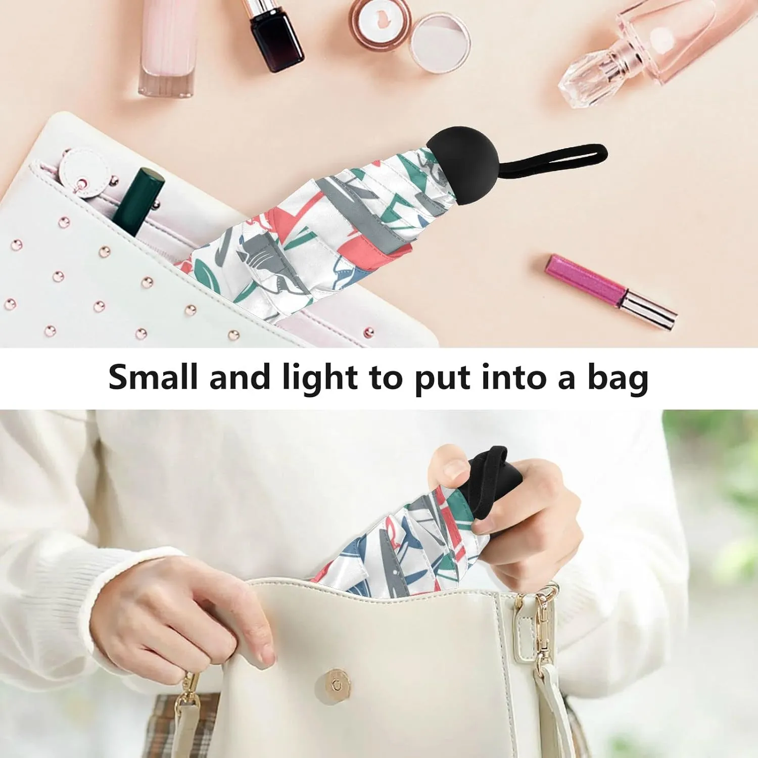 5 Folding Compact Pocket Windproof Umbrella, 6 Ribs Ultra-Light Foldable Vinyl Parasol, Mini Anti-UV Travel Umbrella