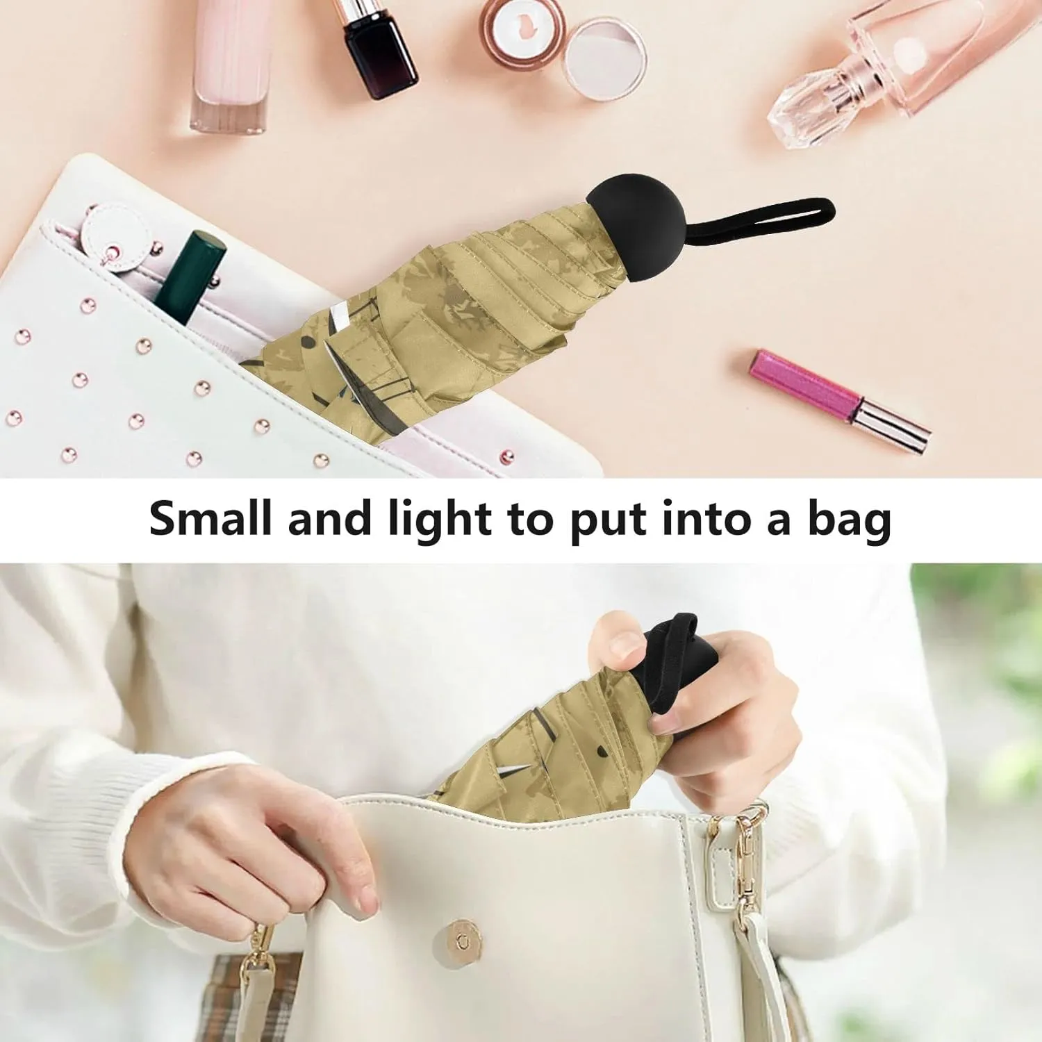 5 Folding Compact Pocket Windproof Umbrella, 6 Ribs Ultra-Light Foldable Vinyl Parasol, Mini Anti-UV Travel Umbrella
