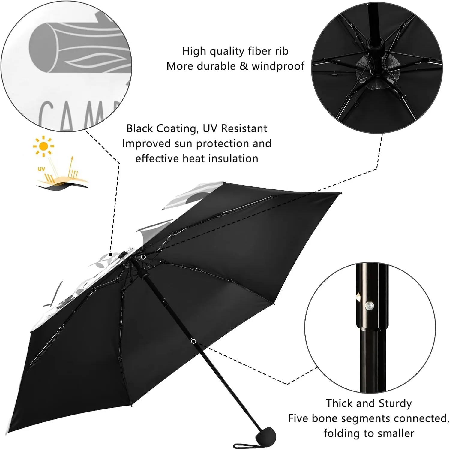 5 Folding Compact Pocket Windproof Umbrella, 6 Ribs Ultra-Light Foldable Vinyl Parasol, Mini Anti-UV Travel Umbrella