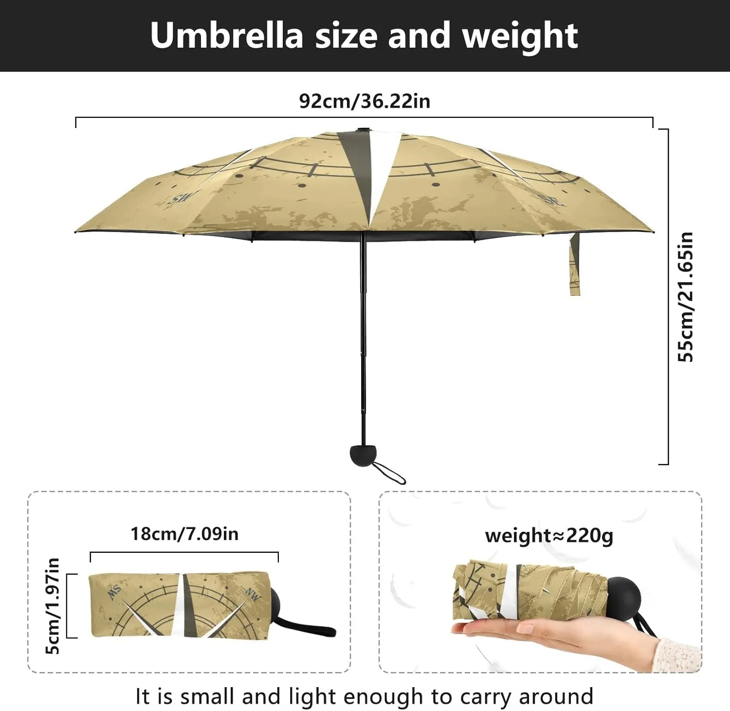 5 Folding Compact Pocket Windproof Umbrella, 6 Ribs Ultra-Light Foldable Vinyl Parasol, Mini Anti-UV Travel Umbrella