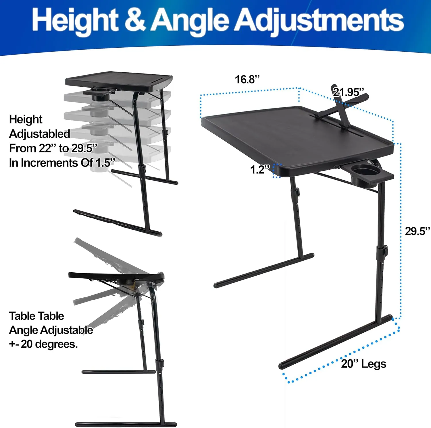 5 STAR SUPER DEALS XL Adjustable TV Tray Table - Folding, Portable, & Sturdy w/Rotating Cup Holder & Tablet Book Stand - Tray Table for Laptop, Eating, Drawing, & Snacks - Black