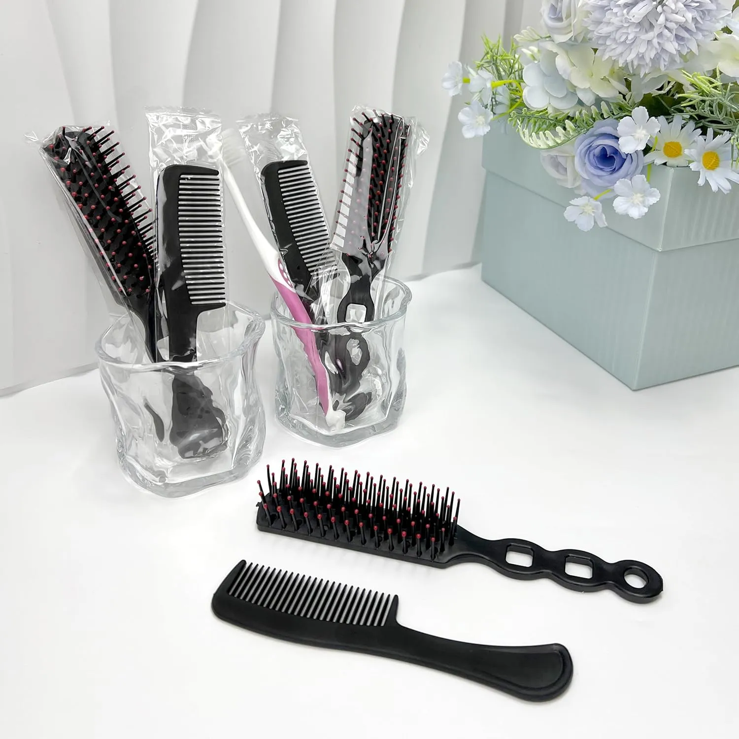 50pcs Hair Comb and Brush Set for Homeless, Light weight Black Hair Brushes Bulk Combs Individually Wrapped for Women Kids Wet Dry Curly and Straight Hair, Hotel Travel Shelter Nursing