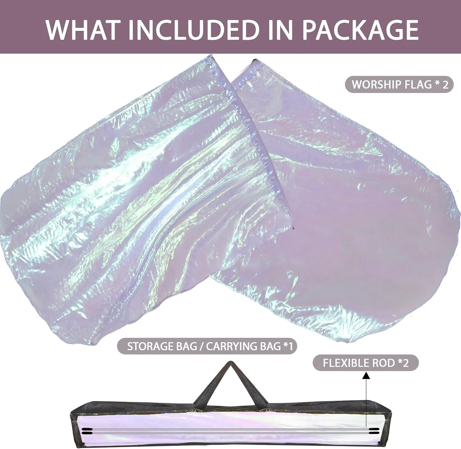 55" Worship Flags for Teenager, Praise Dance Flag for Beginner, Church Flags with Flexible Rods & Carrying Bag, 2 Pack, Transparent Purple