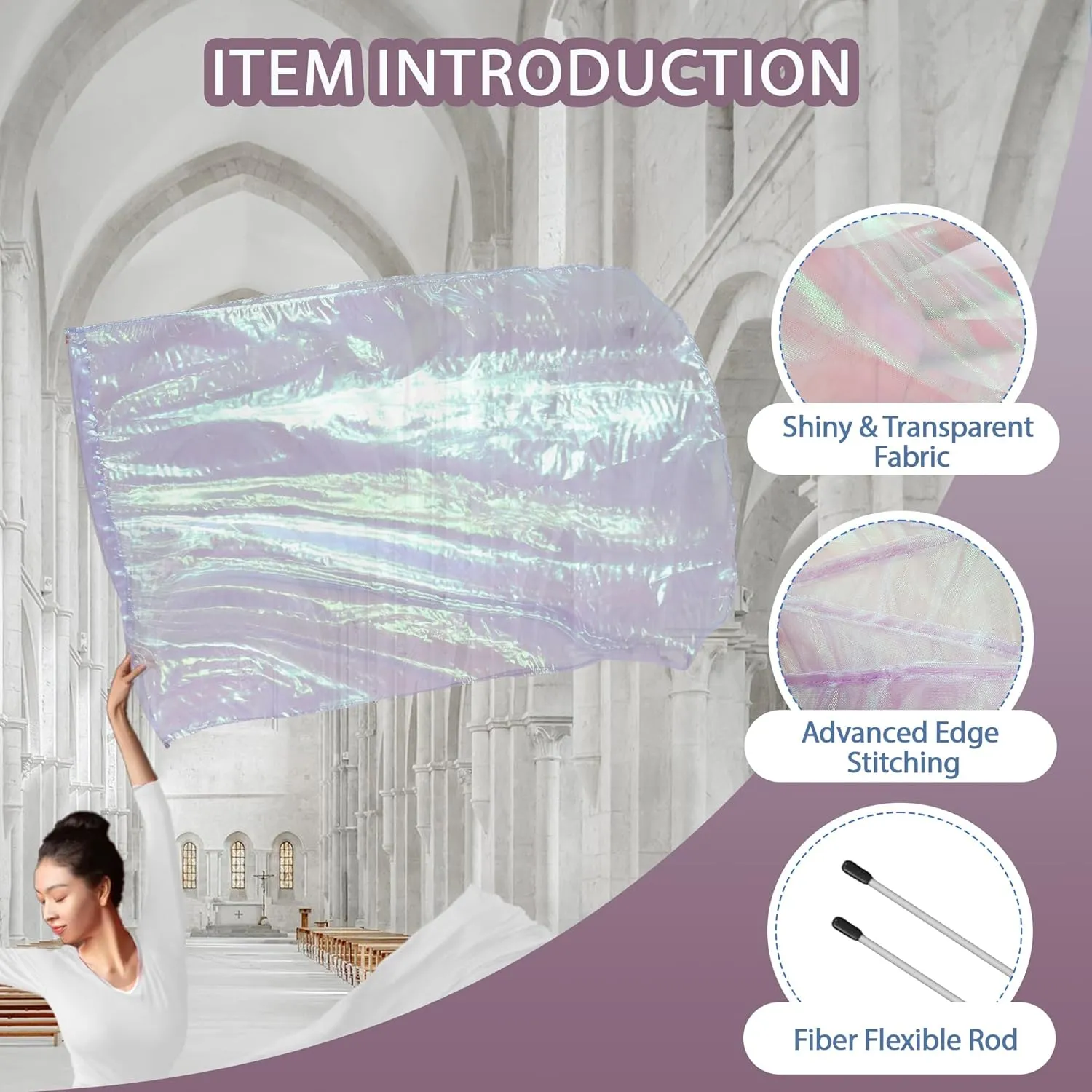 55" Worship Flags for Teenager, Praise Dance Flag for Beginner, Church Flags with Flexible Rods & Carrying Bag, 2 Pack, Transparent Purple