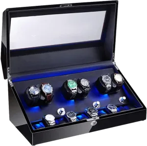 6 10 Watch Winder for Automatic Watches Soft Flexible Watch Pillow Led Illumination Quiet Motor Piano Paint Exterior Accessories Black, (Black)