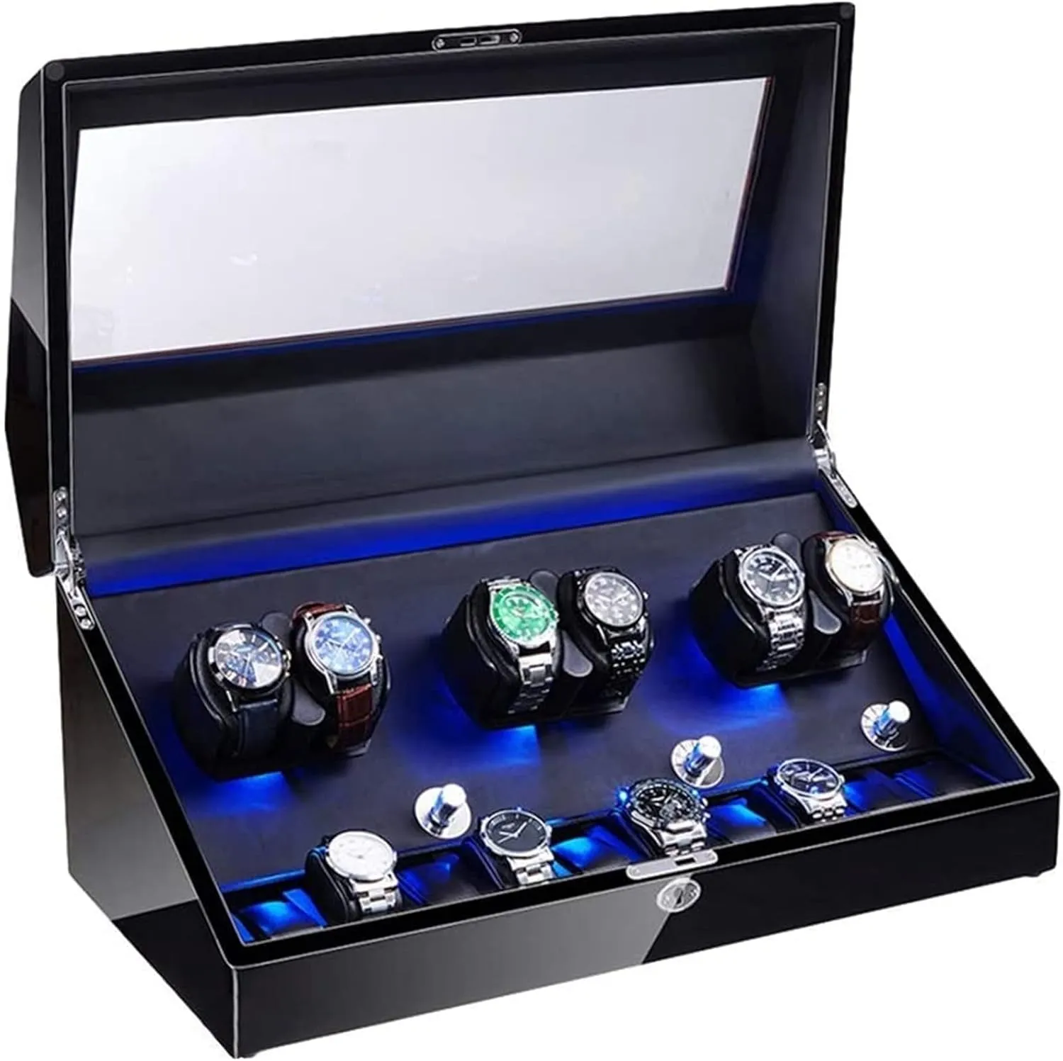 6 10 Watch Winder for Automatic Watches Soft Flexible Watch Pillow Led Illumination Quiet Motor Piano Paint Exterior Accessories Black, (Black)