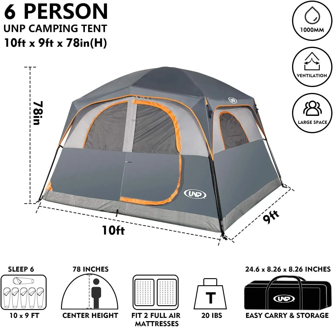 6 Person Waterproof Windproof Easy Setup,Double Layer Family Camping Tent