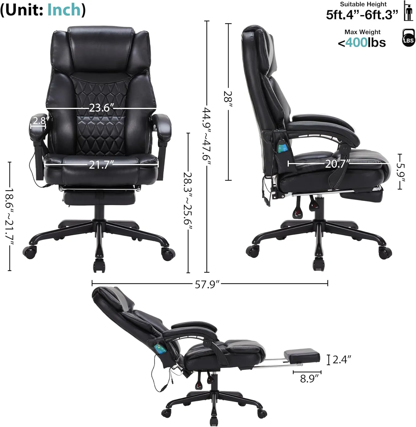 6 Points Massage Office Chair with Heat,Reclining Office Chair with Foot Rest,Vibration Home Office Desk Chairs for Heavy People 400lbs,Ergonomic Managerial Executive (Black)