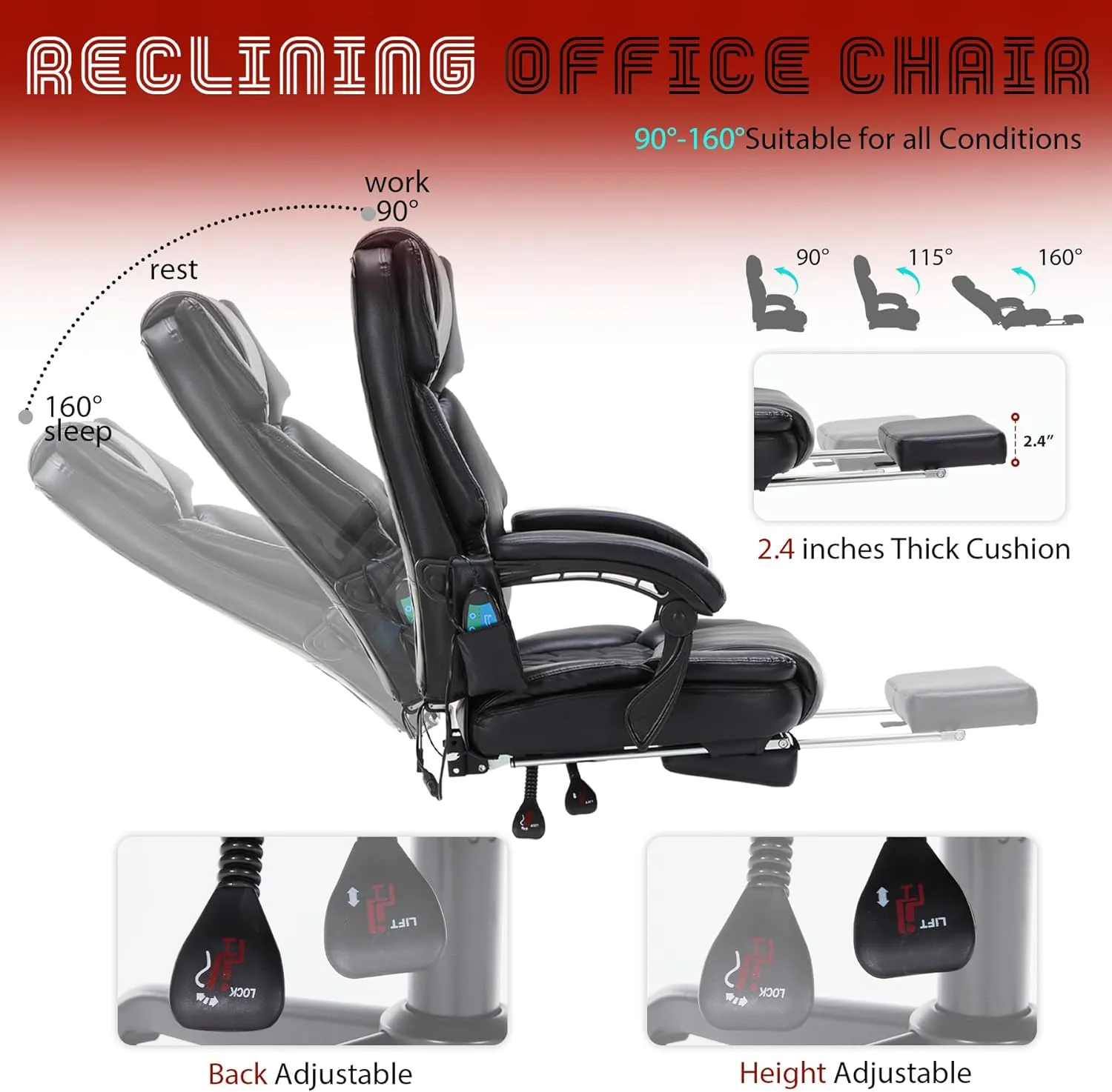 6 Points Massage Office Chair with Heat,Reclining Office Chair with Foot Rest,Vibration Home Office Desk Chairs for Heavy People 400lbs,Ergonomic Managerial Executive (Black)