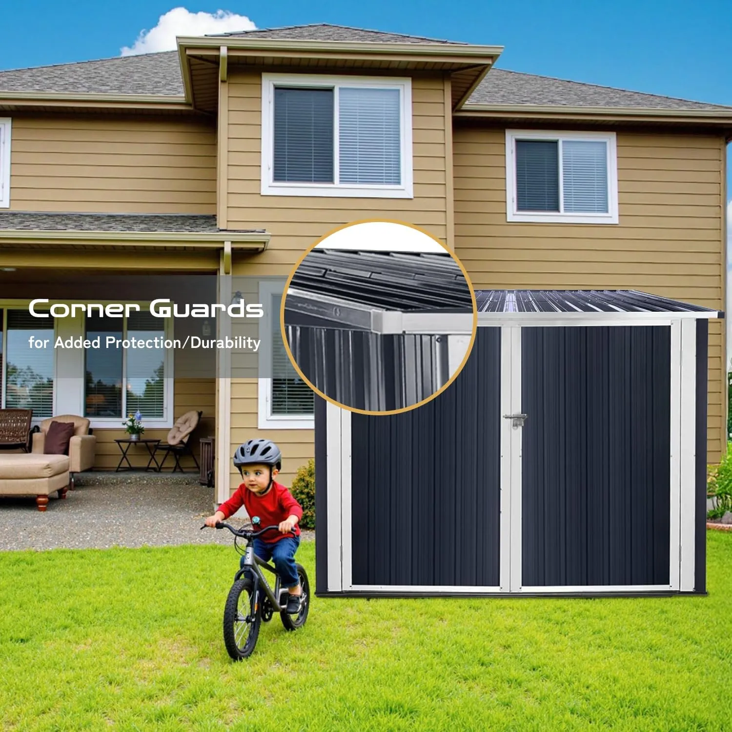 6’ x 6’ Bike Storage Shed, Bicycle Metal Shelter & Garage w/ 4 Rails and Lockable Door, Heavy Duty Bicycle Storage Shed for All Weather, Anthracite with White Trim