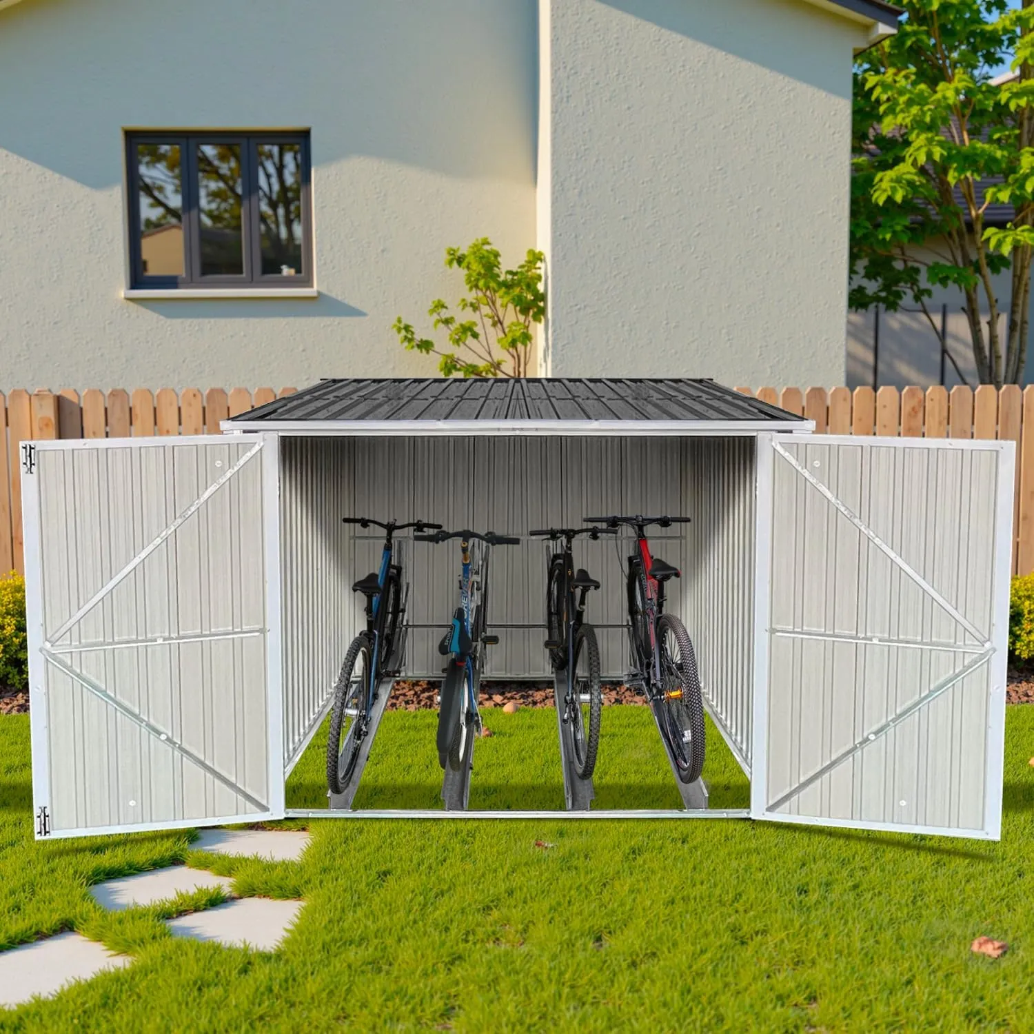 6’ x 6’ Bike Storage Shed, Bicycle Metal Shelter & Garage w/ 4 Rails and Lockable Door, Heavy Duty Bicycle Storage Shed for All Weather, Anthracite with White Trim