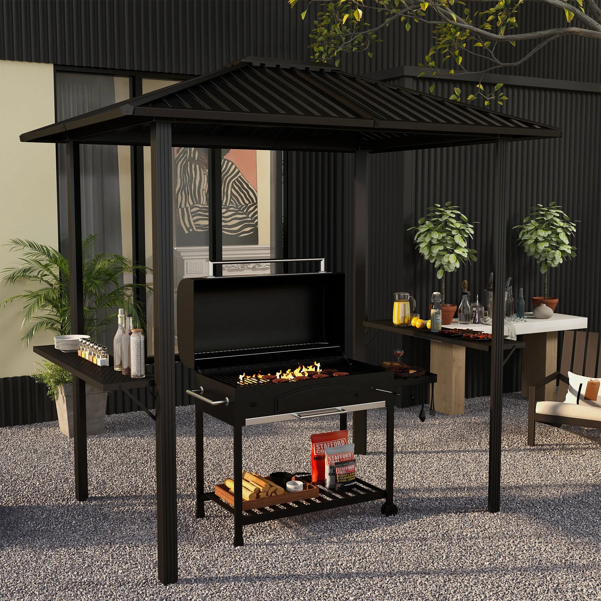6' x 8' Metal Roof BBQ Grill Gazebo, Aluminum Frame, 2 Side Shelves