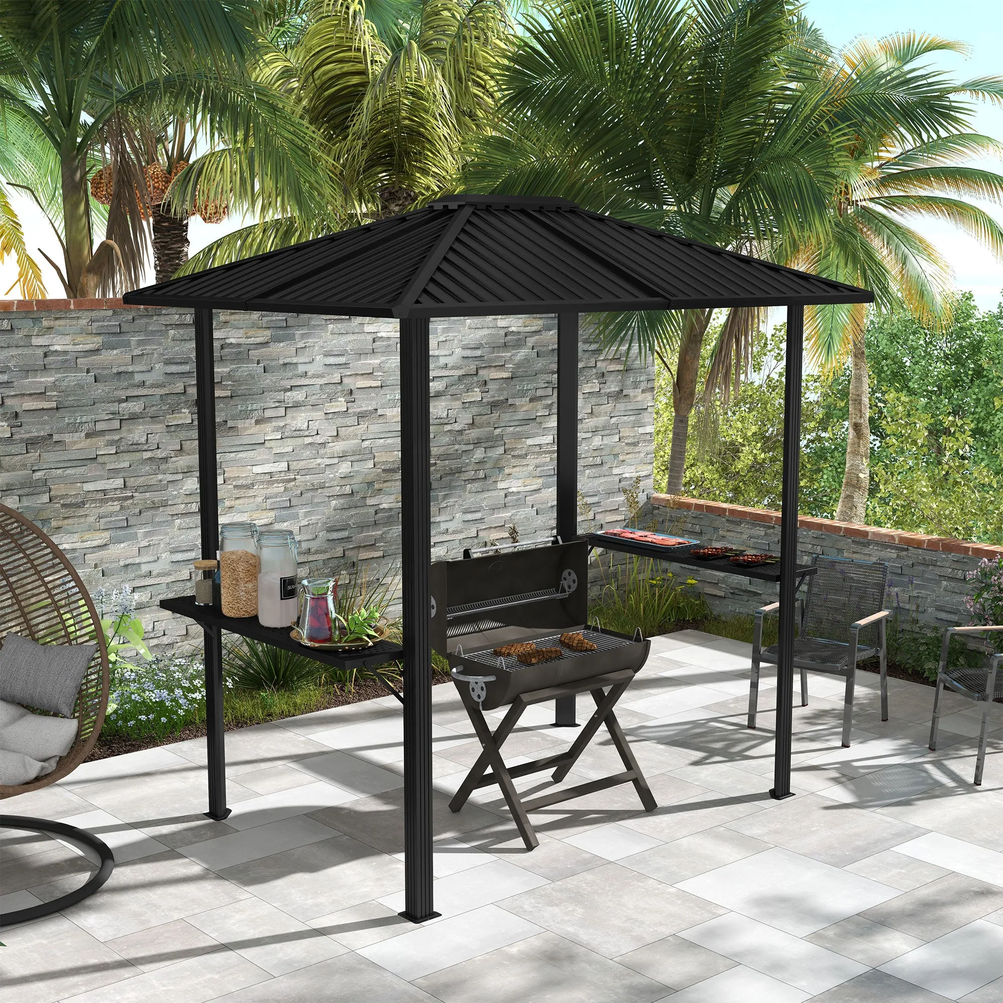 6' x 8' Metal Roof BBQ Grill Gazebo, Aluminum Frame, 2 Side Shelves