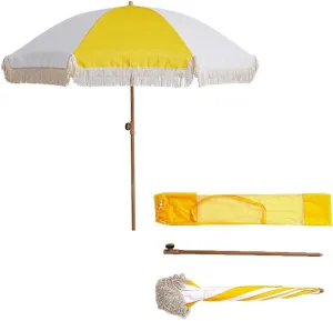 68in Yellow Holiday Beach Umbrellas, 8 Ribs Boho Fringe Market Table Parasol Garden Umbrella, Outdoor Patio Umbrella With Carry Bag