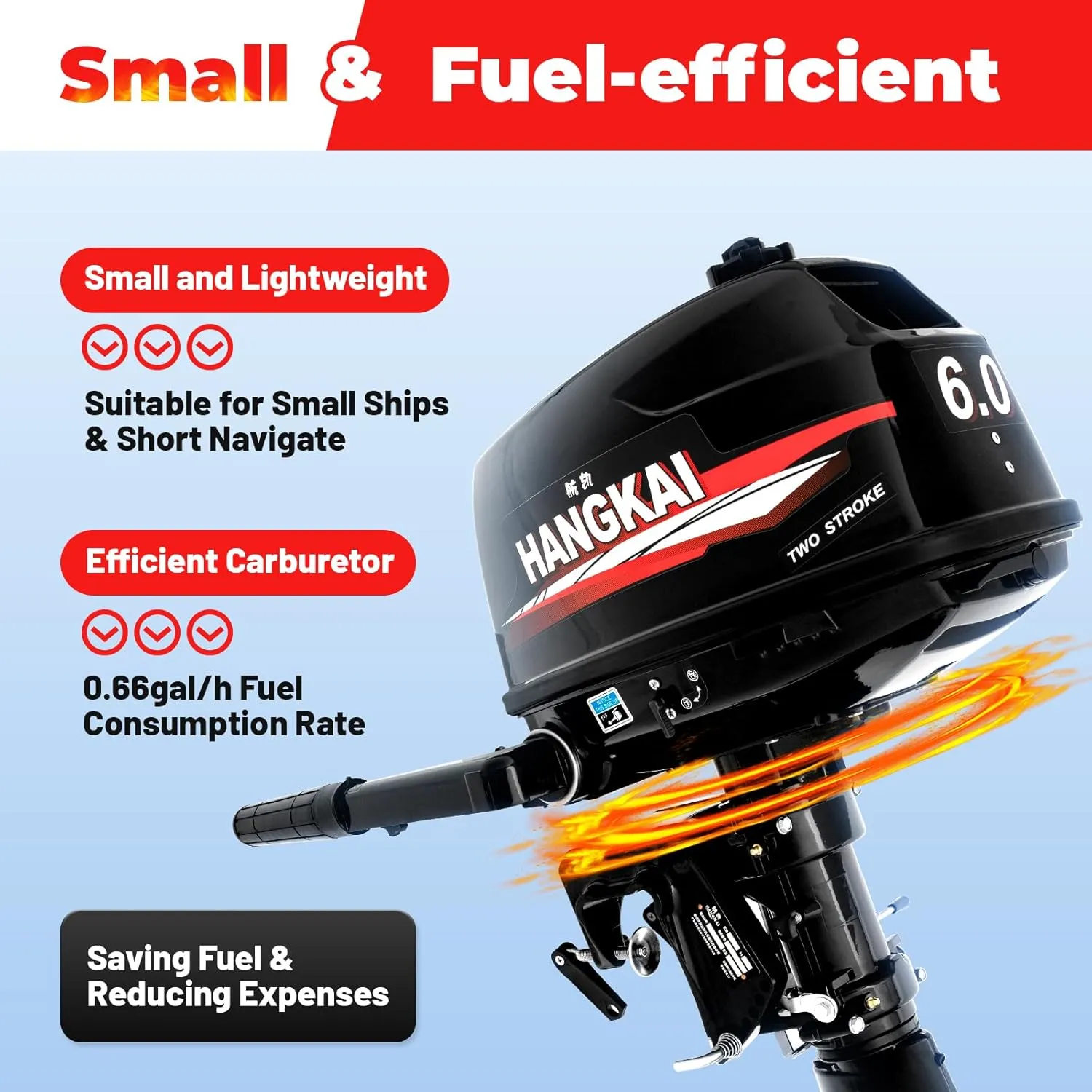 6HP Outboard Motor, 2 Stroke 6HP Heavy Duty Outboard Boat Motor Engine, Fishing Inflatable Fishing Boat Power Engine with Water Cooling & CDI Ignition System -Short Shaft