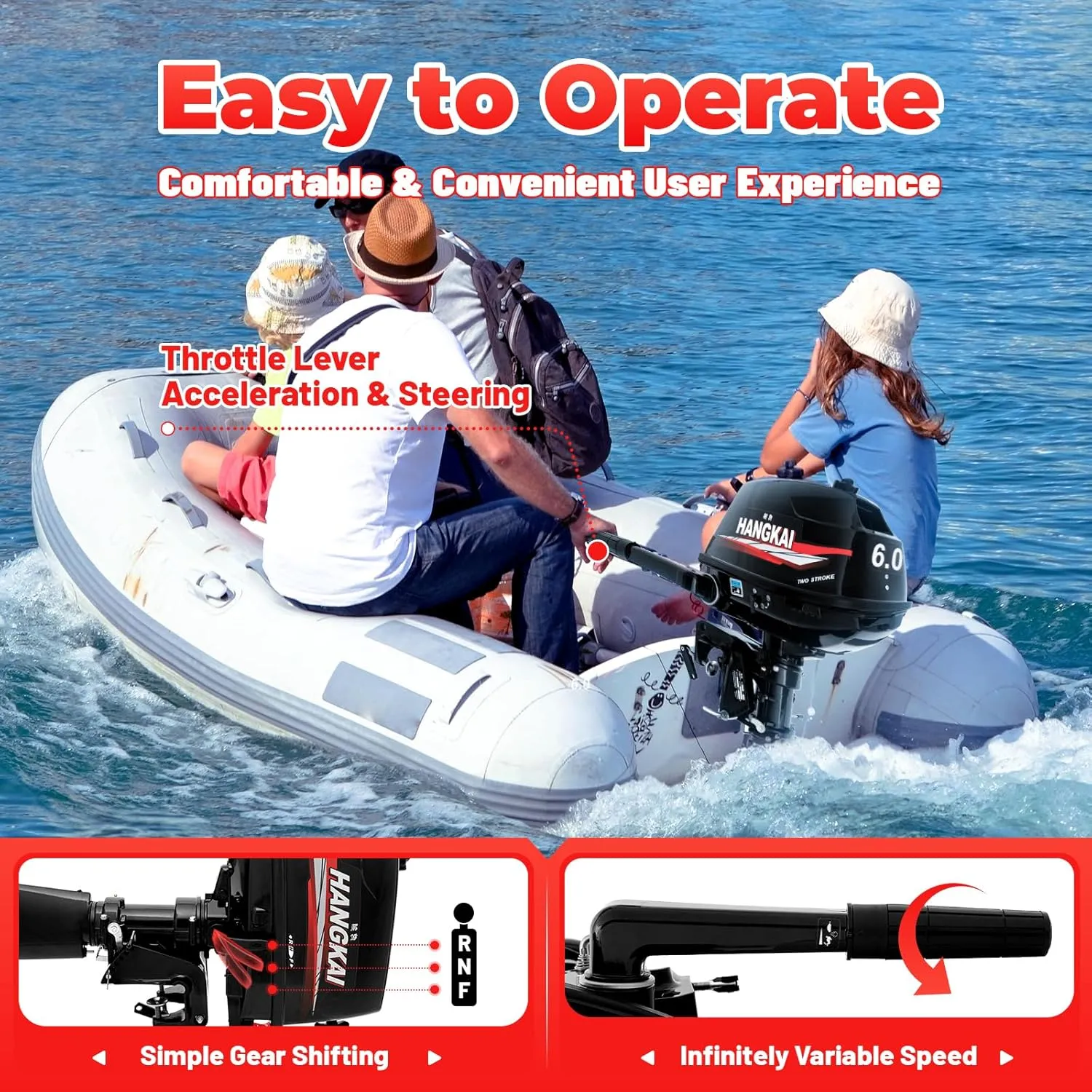 6HP Outboard Motor, 2 Stroke 6HP Heavy Duty Outboard Boat Motor Engine, Fishing Inflatable Fishing Boat Power Engine with Water Cooling & CDI Ignition System -Short Shaft