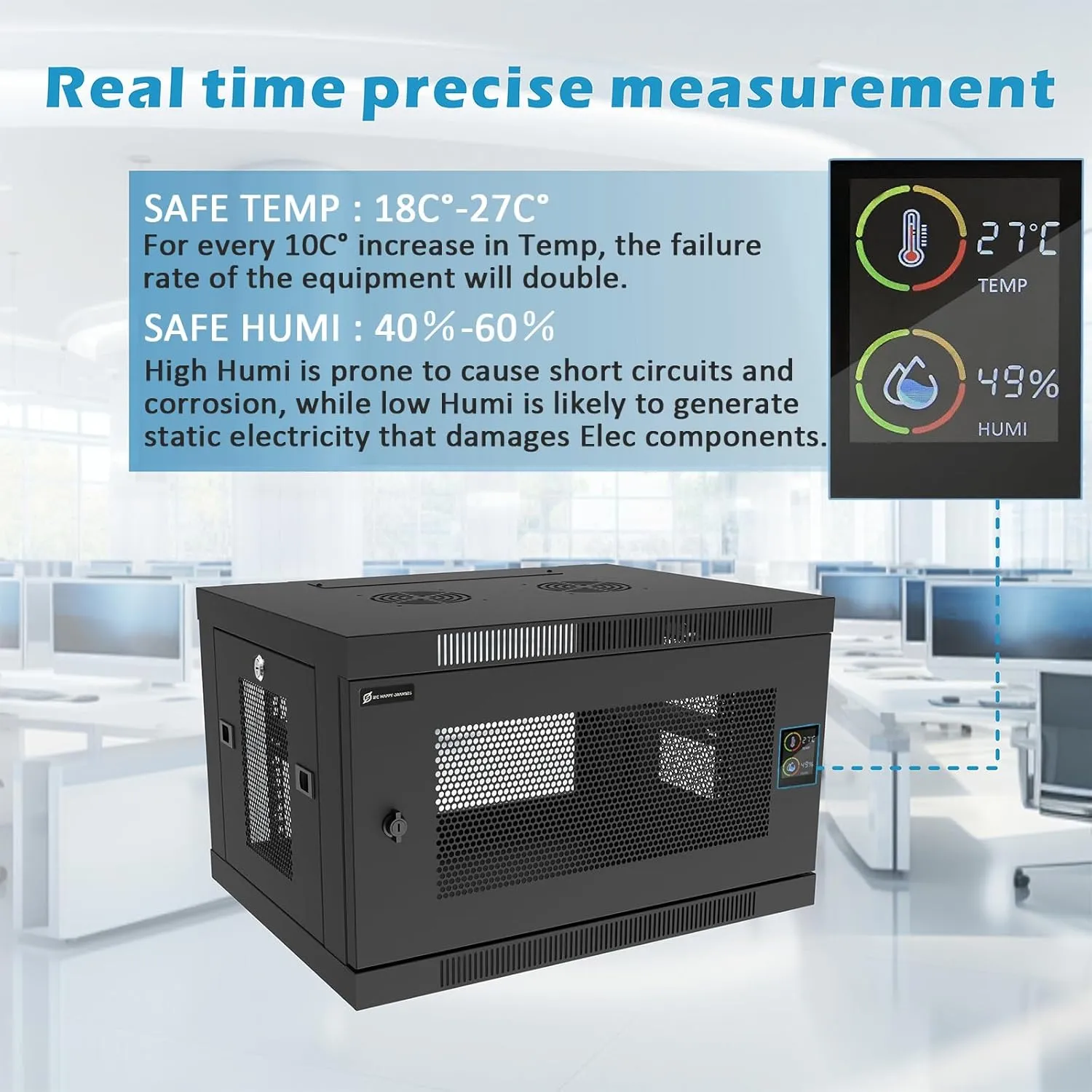 6U/9U/12U Wall Mount Rack Server Rack Enclosure with Temp & Humi Display, Locks, Network Cabinet 17.7” Deep, 19 Inch Server Cabinet for IT/A/V Devices (6U Fully Assembled No Fans)