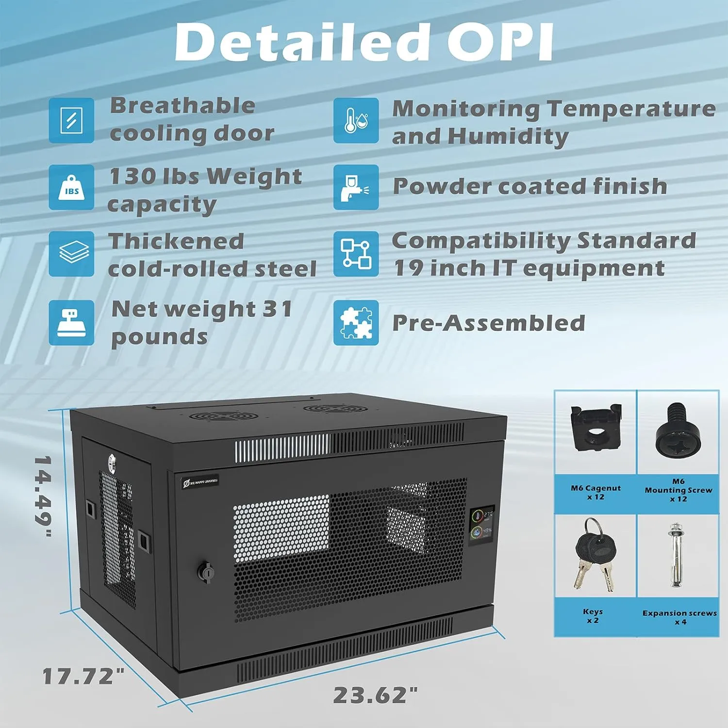 6U/9U/12U Wall Mount Rack Server Rack Enclosure with Temp & Humi Display, Locks, Network Cabinet 17.7” Deep, 19 Inch Server Cabinet for IT/A/V Devices (6U Fully Assembled No Fans)